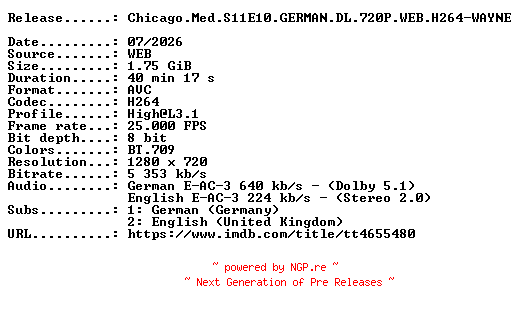 NFO for the release Chicago.Med.S11E10.GERMAN.DL.720P.WEB.H264-WAYNE by WAYNE
