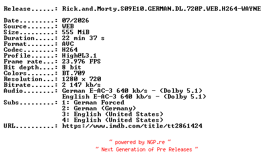 NFO for the release Rick.and.Morty.S09E10.GERMAN.DL.720P.WEB.H264-WAYNE by WAYNE