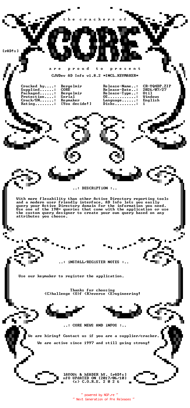 NFO for the release CJWDev.AD.Info.v1.8.2.Incl.Keymaker-CORE by CORE