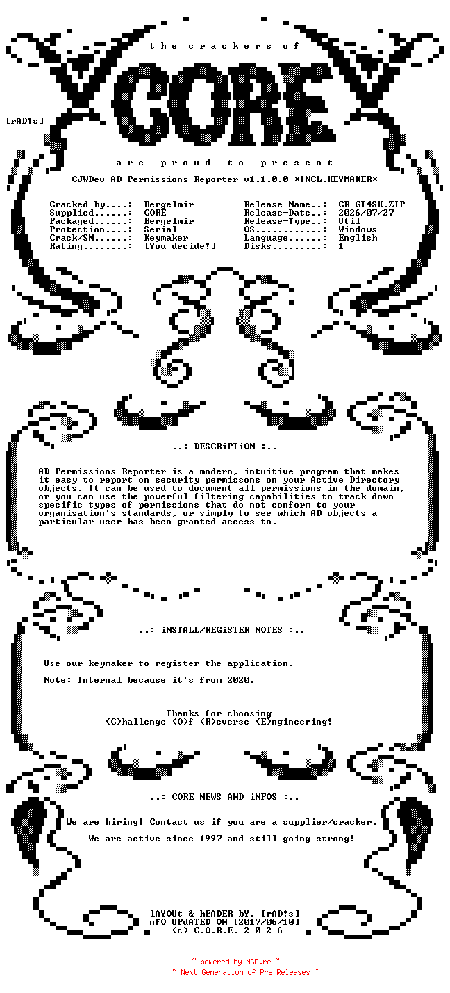 NFO for the release CJWDev.AD.Permissions.Reporter.v1.1.0.0.Incl.Keymaker.INTERNAL-CORE by CORE