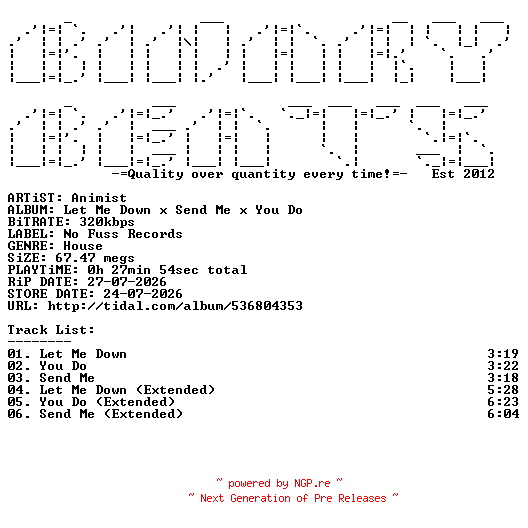 NFO for the release Animist-Let_Me_Down_x_Send_Me_x_You_Do-(NFR187)-WEB-2026-BB by BB
