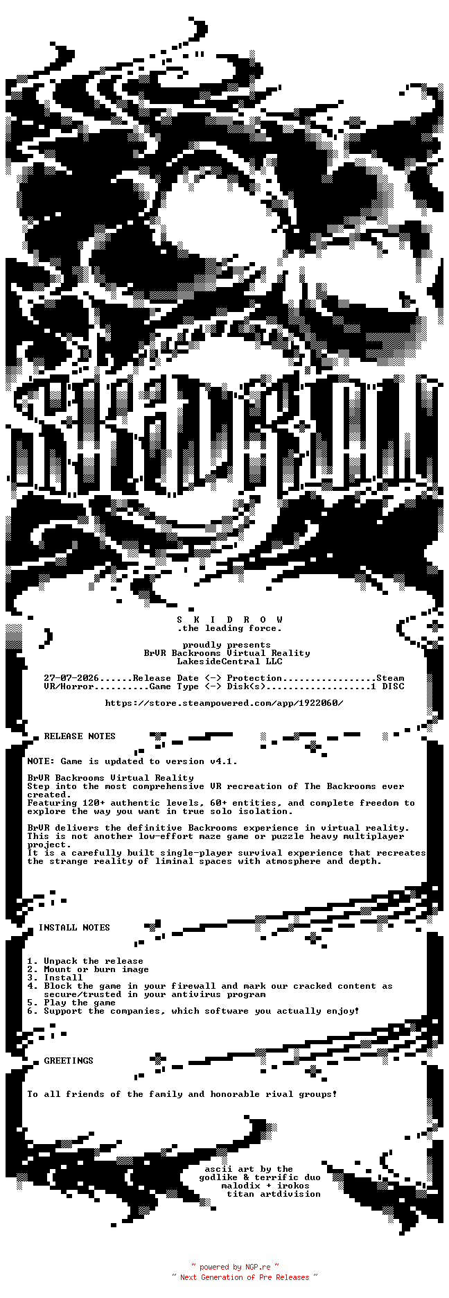 NFO for the release BrVR.Backrooms.Virtual.Reality-SKIDROW by SKIDROW