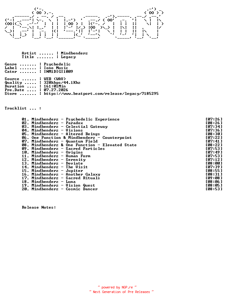 NFO for the release Mindbenderz-Legacy-(INM1DIGI1009)-WEB-2026-FALCON by FALCON