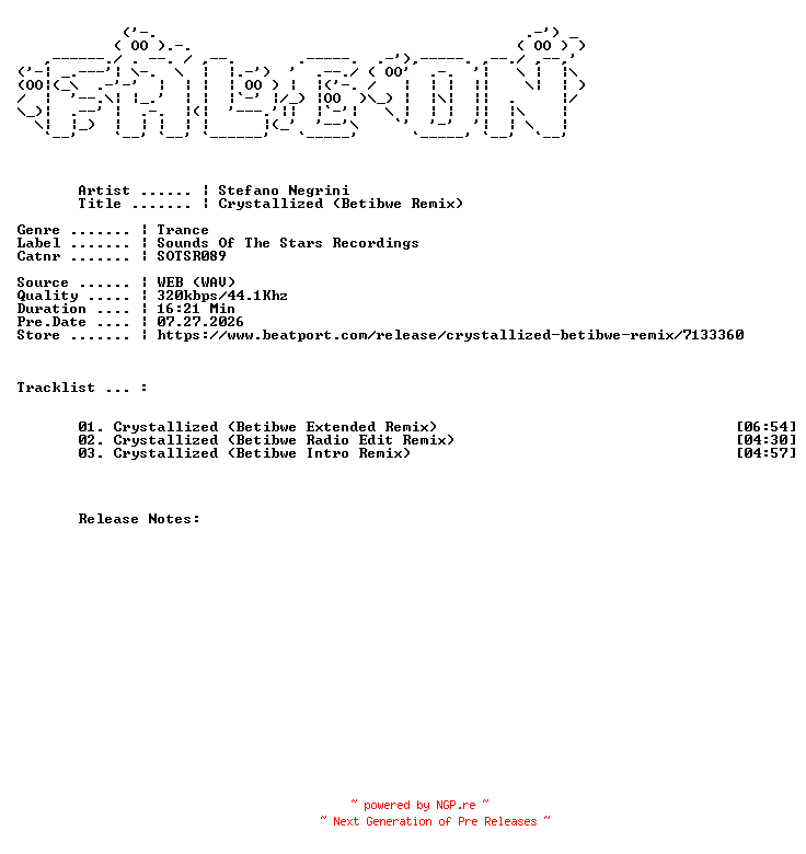 NFO for the release Stefano_Negrini-Crystallized_Betibwe_Remix-(SOTSR089)-WEB-2026-FALCON by FALCON