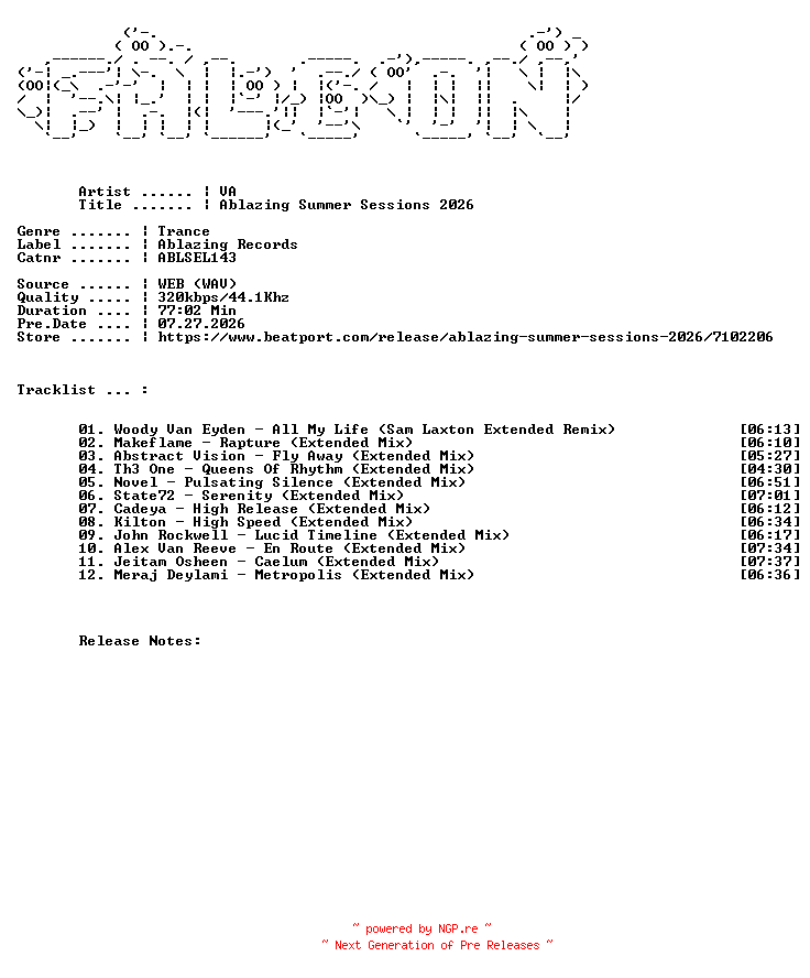 NFO for the release VA-Ablazing_Summer_Sessions_2026-(ABLSEL143)-WEB-2026-FALCON by FALCON