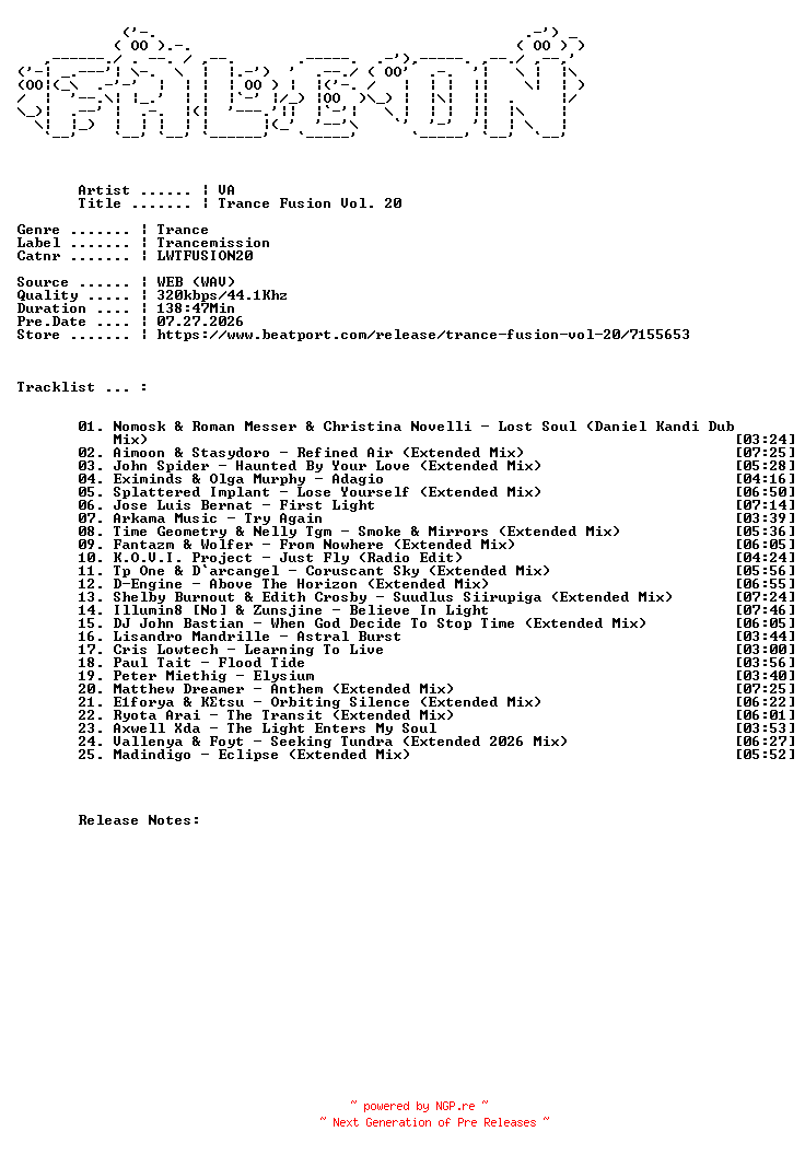 NFO for the release VA-Trance_Fusion_Vol._20-(LWTFUSION20)-WEB-2026-FALCON by FALCON