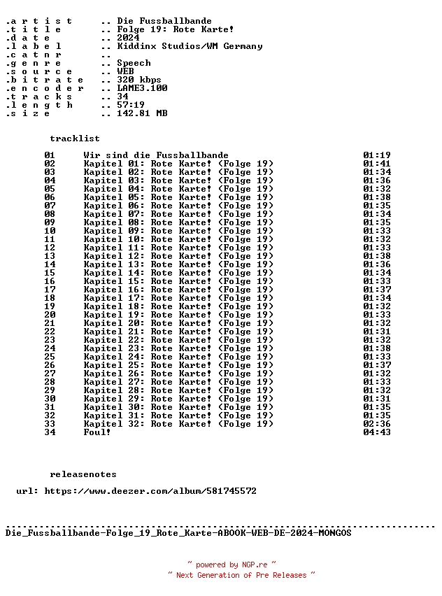 NFO for the release Die_Fussballbande-Folge_19_Rote_Karte-ABOOK-WEB-DE-2024-MONGOS by MONGOS