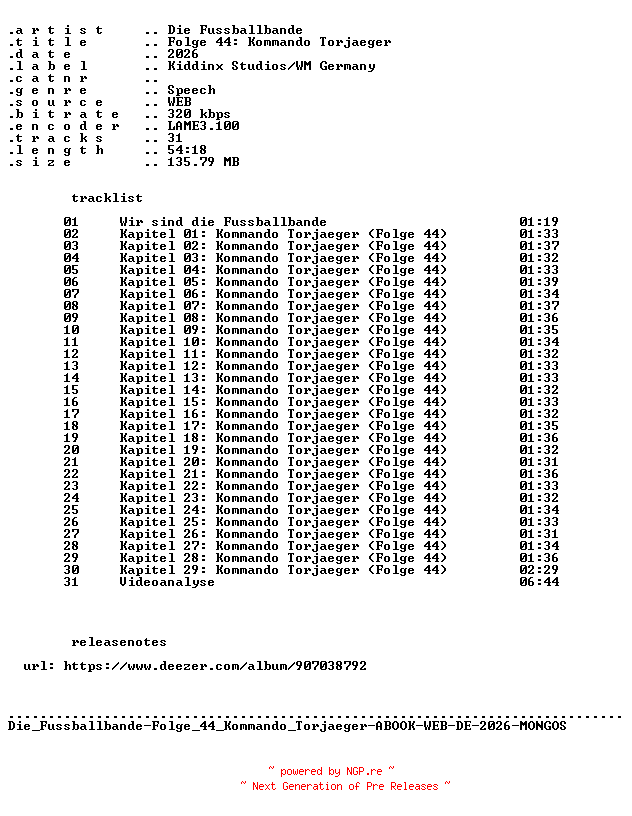 NFO for the release Die_Fussballbande-Folge_44_Kommando_Torjaeger-ABOOK-WEB-DE-2026-MONGOS by MONGOS