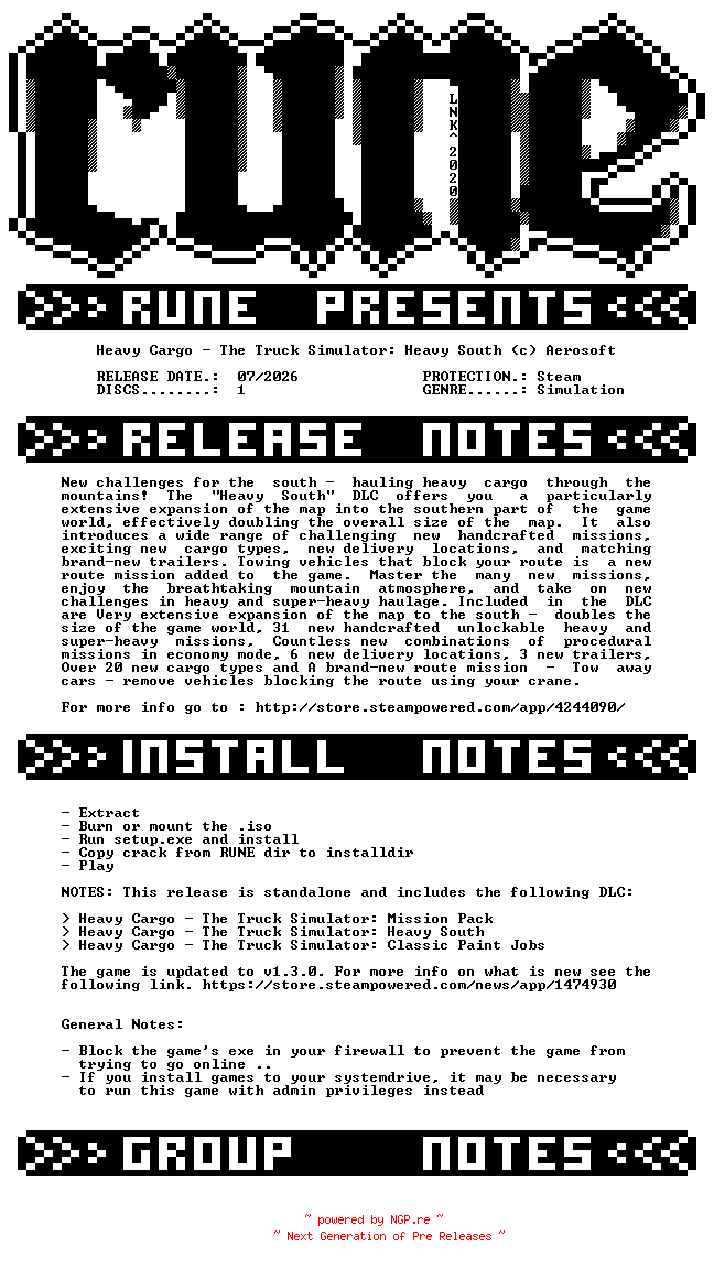 NFO for the release Heavy.Cargo.The.Truck.Simulator.Heavy.South-RUNE by RUNE
