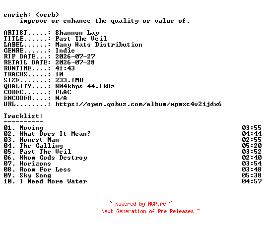 NFO for the release Shannon_Lay-Past_The_Veil-16BIT-WEB-FLAC-2026-ENRiCH by ENRiCH