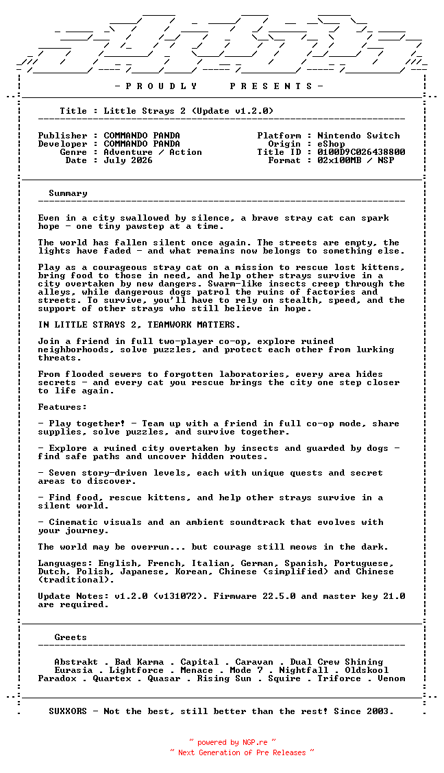 NFO for the release Little_Strays_2_Update_v1.2.0_NSW-SUXXORS by SUXXORS