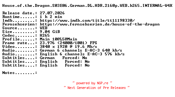 NFO for the release House.of.the.Dragon.S03E06.German.DL.HDR.2160p.WEB.h265.INTERNAL-W4K by W4K