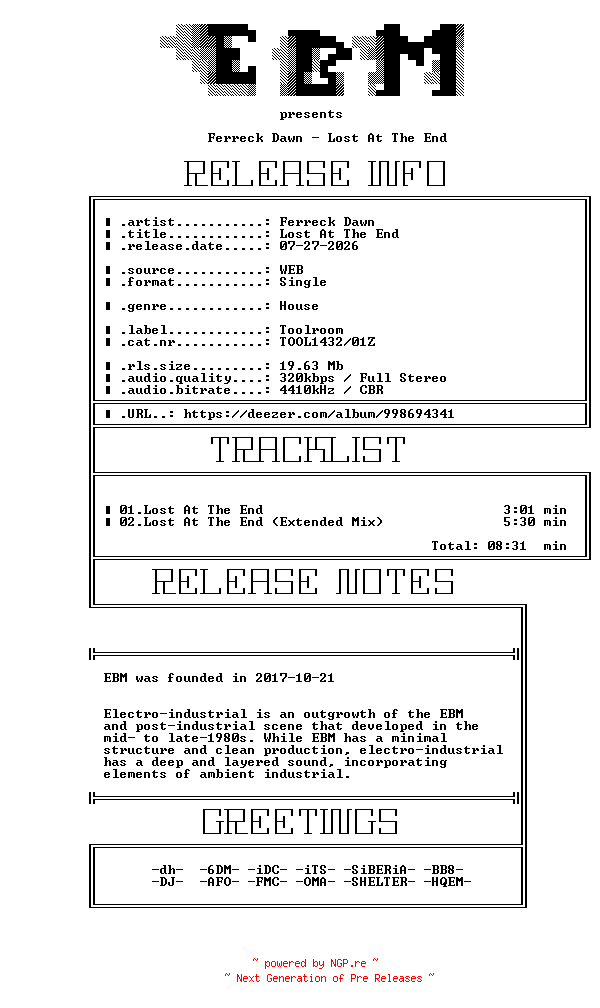 NFO for the release Ferreck_Dawn-Lost_At_The_End-(TOOL1432-01Z)-WEB-2026-EBM by EBM