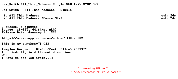 NFO for the release Sam_Smith-All_This_Madness-Single-WEB-1995-SYMPHONY by SYMPHONY