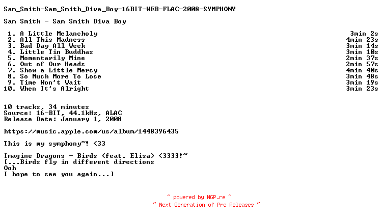 NFO for the release Sam_Smith-Sam_Smith_Diva_Boy-16BIT-WEB-FLAC-2008-SYMPHONY by SYMPHONY