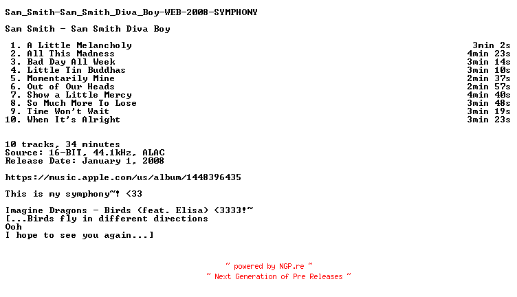 NFO for the release Sam_Smith-Sam_Smith_Diva_Boy-WEB-2008-SYMPHONY by SYMPHONY