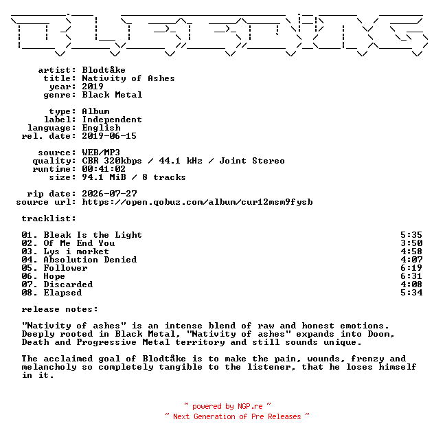 NFO for the release Blodtaake-Nativity_of_Ashes-WEB-2019-BLEEDiNG by BLEEDiNG