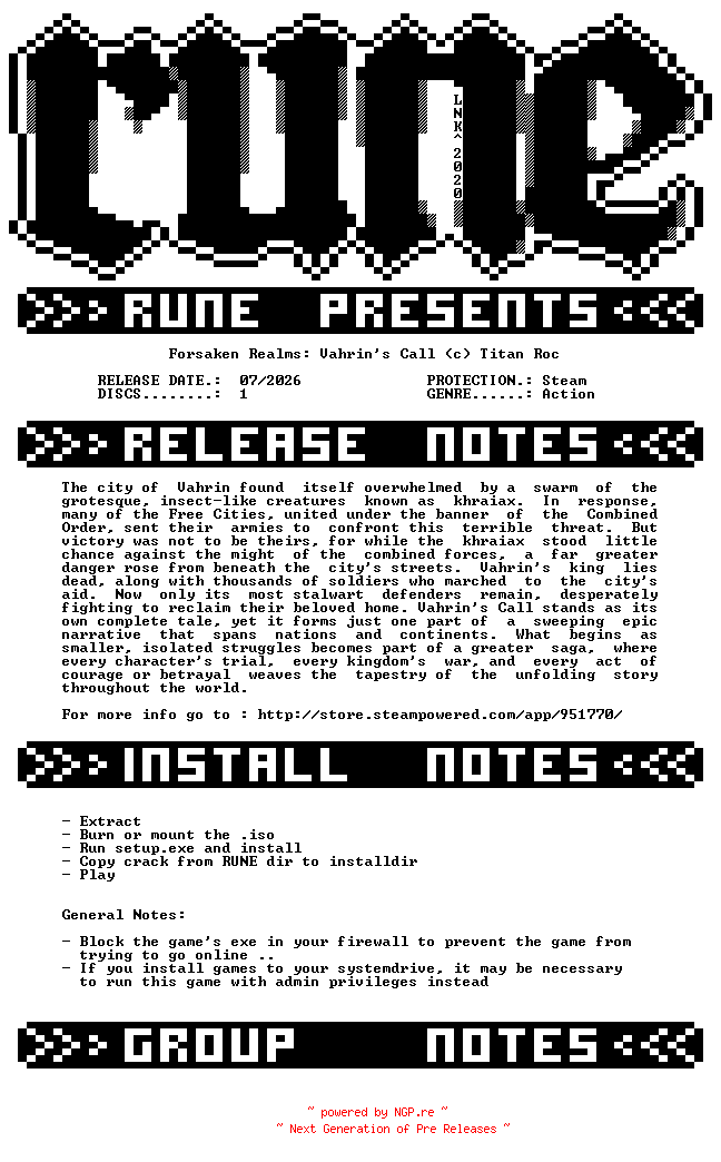 NFO for the release Forsaken.Realms.Vahrins.Call-RUNE by RUNE