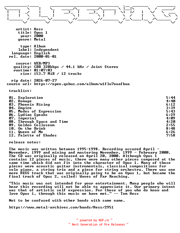 NFO for the release Hess-Opus_1-WEB-2000-BLEEDiNG by BLEEDiNG