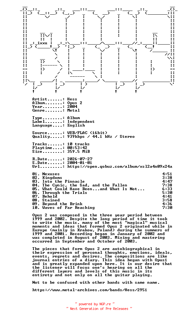 NFO for the release Hess-Opus_2-16BIT-WEB-FLAC-2004-MOONBLOOD by MOONBLOOD