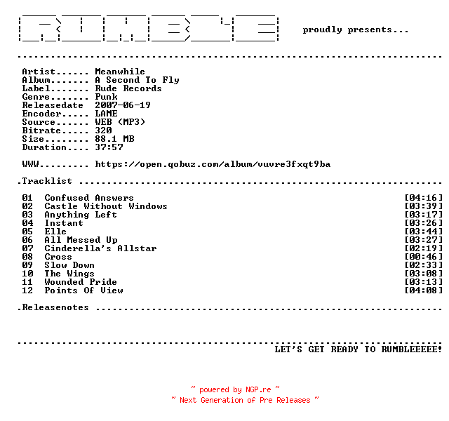 NFO for the release Meanwhile-A_Second_To_Fly-(WEB)-2007-RUMBLE by RUMBLE