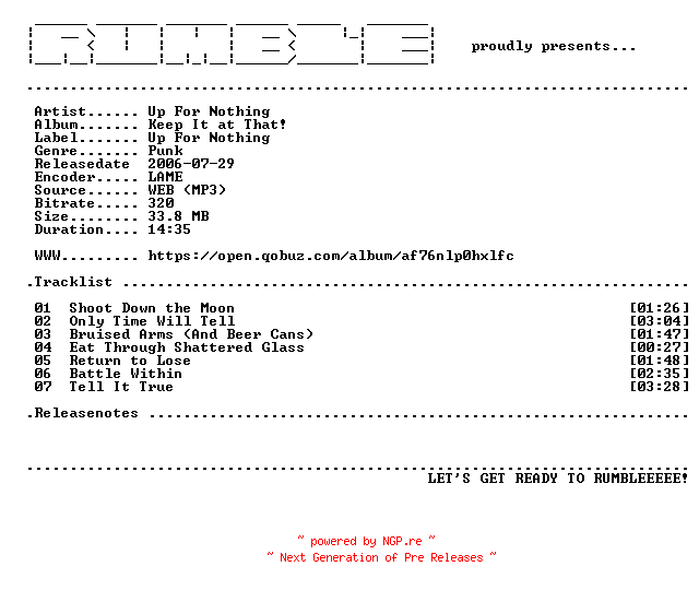 NFO for the release Up_For_Nothing-Keep_It_at_That-EP-(WEB)-2006-RUMBLE by RUMBLE