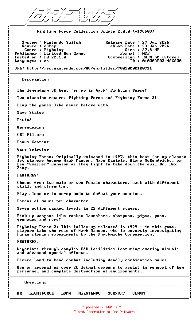 NFO for the release Fighting_Force_Collection_Update_v2.0.0_NSW-BREWS by BREWS