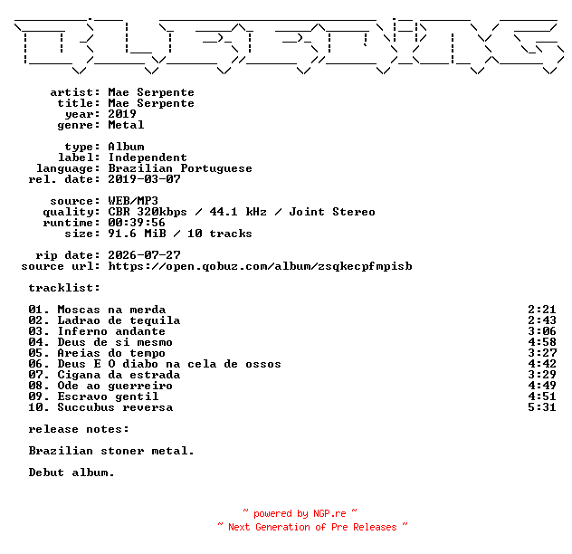 NFO for the release Mae_Serpente-Mae_Serpente-BR-WEB-2019-BLEEDiNG by BLEEDiNG