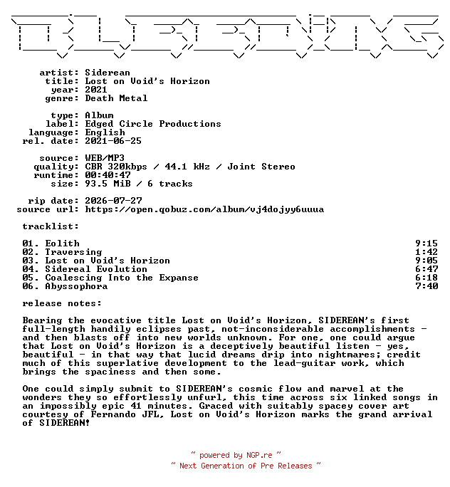 NFO for the release Siderean-Lost_on_Voids_Horizon-WEB-2021-BLEEDiNG by BLEEDiNG