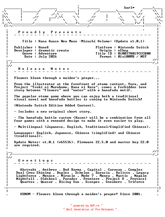NFO for the release Hana_Awase_New_Moon_Mizuchi_Volume_Update_v1.0.1_NSW-VENOM by VENOM