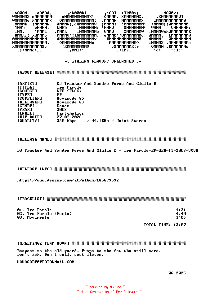 NFO for the release DJ_Tracker_And_Sandro_Peres_And_Giulio_D_-_Tre_Parole-EP-WEB-IT-2003-UOVA by UOVA
