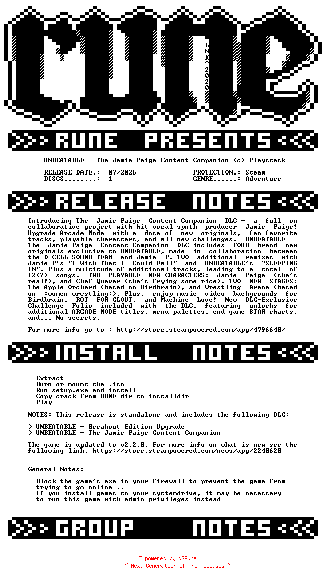 NFO for the release UNBEATABLE.The.Jamie.Paige.Content.Companion-RUNE by RUNE