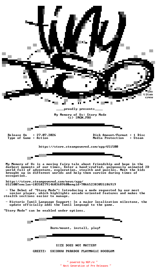 NFO for the release My.Memory.Of.Us.Story.Mode-TiNYiSO by TiNYiSO