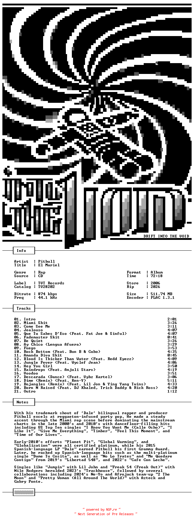 NFO for the release Pitbull-El_Mariel-CD-FLAC-2006-THEVOiD by THEVOiD
