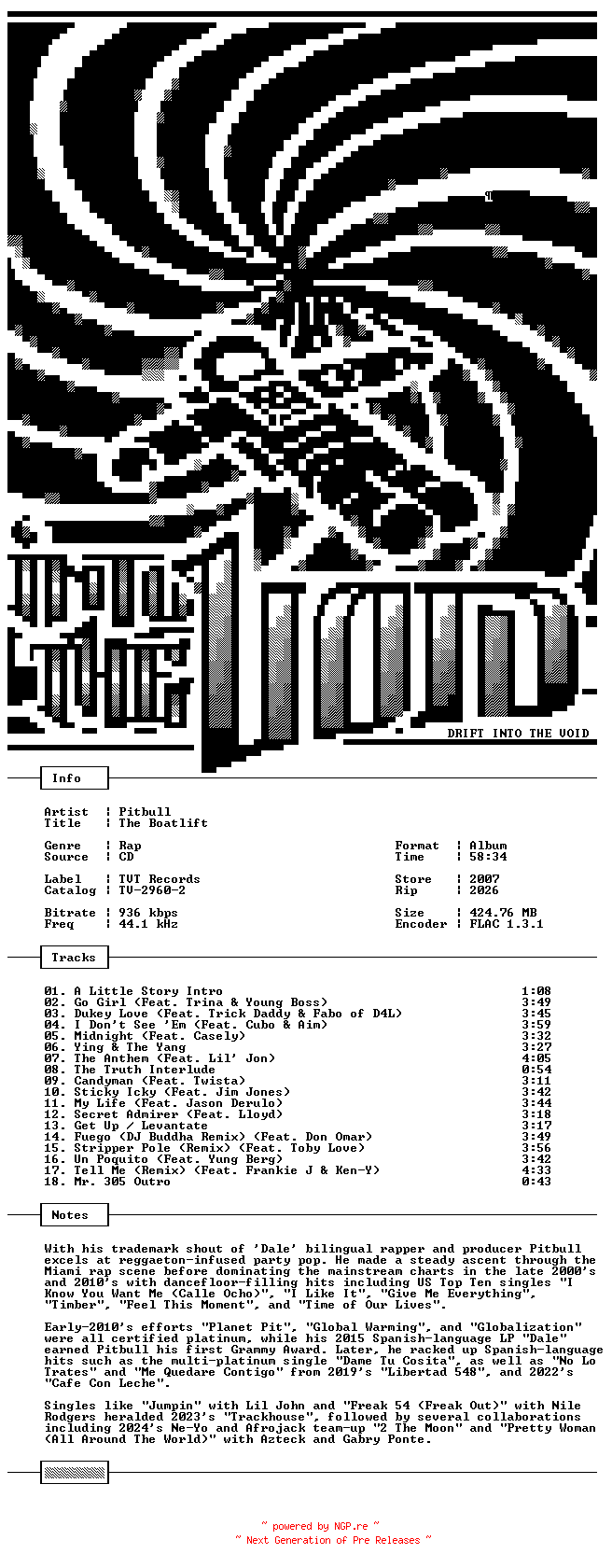 NFO for the release Pitbull-The_Boatlift-CD-FLAC-2007-THEVOiD by THEVOiD
