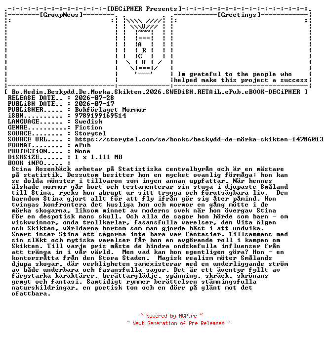 NFO for the release Bo.Hedin.Beskydd.De.Morka.Skikten.2026.SWEDiSH.RETAiL.ePub.eBOOK-DECiPHER by DECiPHER