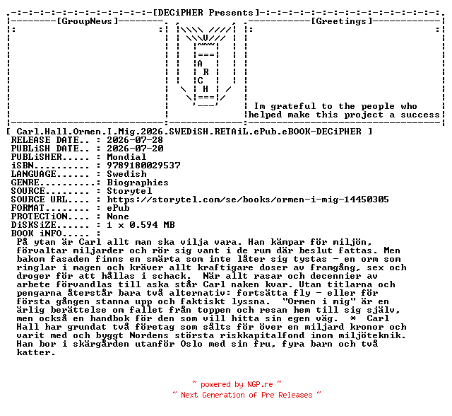 NFO for the release Carl.Hall.Ormen.I.Mig.2026.SWEDiSH.RETAiL.ePub.eBOOK-DECiPHER by DECiPHER