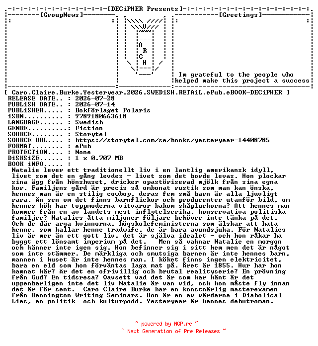 NFO for the release Caro.Claire.Burke.Yesteryear.2026.SWEDiSH.RETAiL.ePub.eBOOK-DECiPHER by DECiPHER