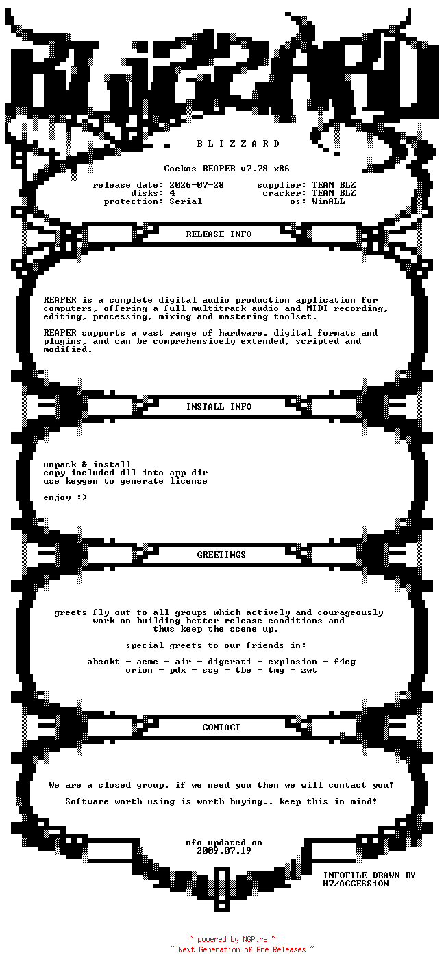 NFO for the release Cockos.REAPER.v7.78.x86.WinALL.Incl.Keygen.Patch-BLiZZARD by BLiZZARD