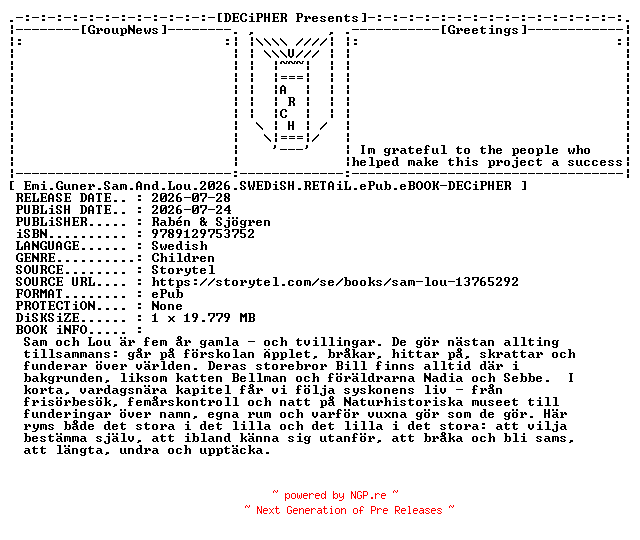 NFO for the release Emi.Guner.Sam.And.Lou.2026.SWEDiSH.RETAiL.ePub.eBOOK-DECiPHER by DECiPHER