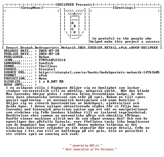 NFO for the release Ernest.Bramah.Bedrageriets.Mekanik.2026.SWEDiSH.RETAiL.ePub.eBOOK-DECiPHER by DECiPHER