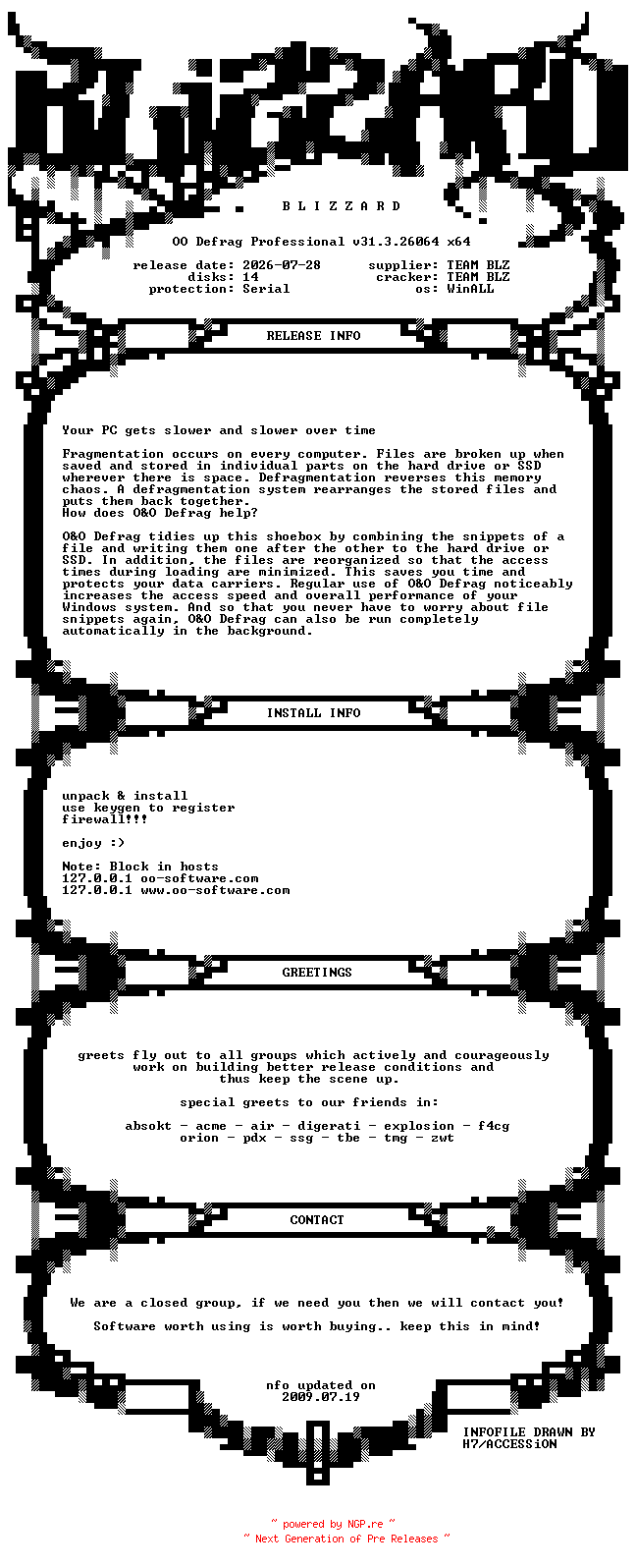 NFO for the release OO.Defrag.Professional.v31.3.26064.x64.WinALL.Incl.Keygen-BLiZZARD by BLiZZARD