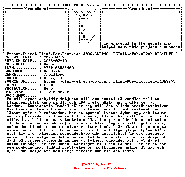 NFO for the release Ernest.Bramah.Blind.For.Rattvisa.2026.SWEDiSH.RETAiL.ePub.eBOOK-DECiPHER by DECiPHER