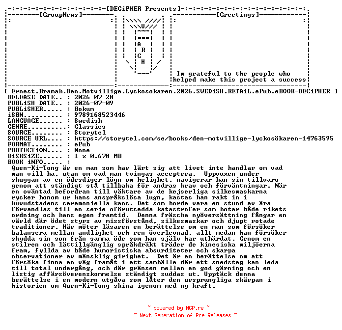 NFO for the release Ernest.Bramah.Den.Motvillige.Lyckosokaren.2026.SWEDiSH.RETAiL.ePub.eBOOK-DECiPHER by DECiPHER