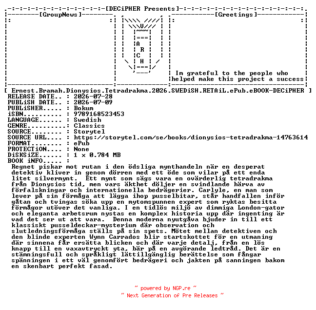 NFO for the release Ernest.Bramah.Dionysios.Tetradrakma.2026.SWEDiSH.RETAiL.ePub.eBOOK-DECiPHER by DECiPHER
