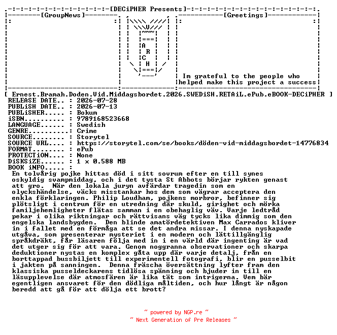 NFO for the release Ernest.Bramah.Doden.Vid.Middagsbordet.2026.SWEDiSH.RETAiL.ePub.eBOOK-DECiPHER by DECiPHER