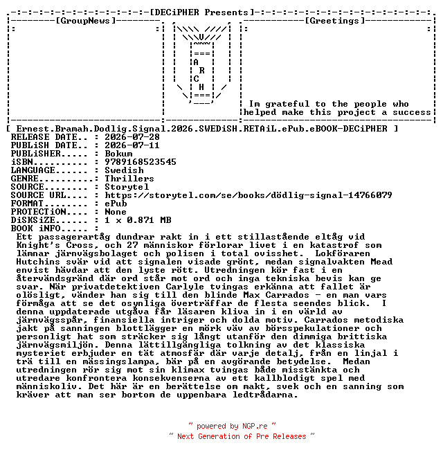 NFO for the release Ernest.Bramah.Dodlig.Signal.2026.SWEDiSH.RETAiL.ePub.eBOOK-DECiPHER by DECiPHER