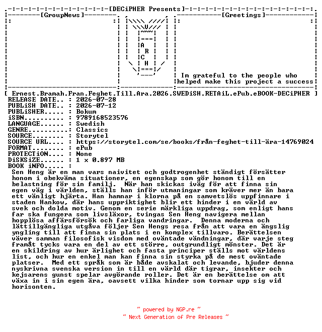 NFO for the release Ernest.Bramah.Fran.Feghet.Till.Ara.2026.SWEDiSH.RETAiL.ePub.eBOOK-DECiPHER by DECiPHER