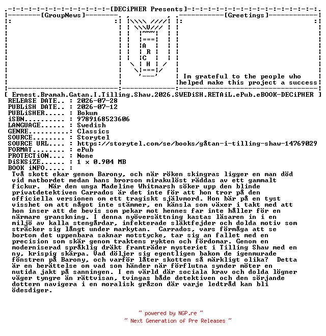 NFO for the release Ernest.Bramah.Gatan.I.Tilling.Shaw.2026.SWEDiSH.RETAiL.ePub.eBOOK-DECiPHER by DECiPHER