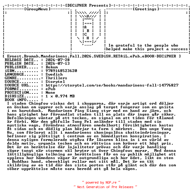 NFO for the release Ernest.Bramah.Mandarinens.Fall.2026.SWEDiSH.RETAiL.ePub.eBOOK-DECiPHER by DECiPHER